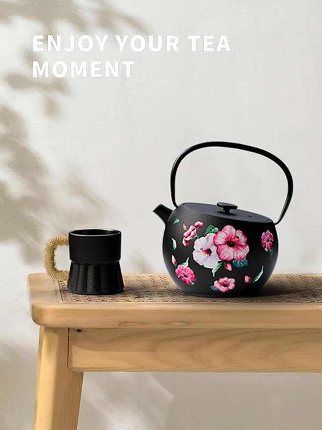 Toptier Teapot with Removable Infuser, Cast Iron Tea Kettle Stovetop Safe, Solid Geometry Ball Design Tea Pot Coated with Enameled Interior for 32 Ounce (950 ml), Morning Glory - Bloomnest
