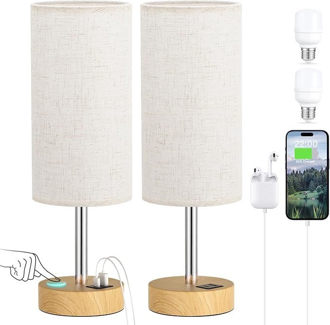 Touch Bedside Lamps Set of 2 - 3 Way Dimmable Table Lamps for Bedroom, Nightstand Lamp with Wooden Charging Station for Kids Room Dorm, Small Desk Lamp for Living Room, Office, Kids Room, Nursery - Bloomnest
