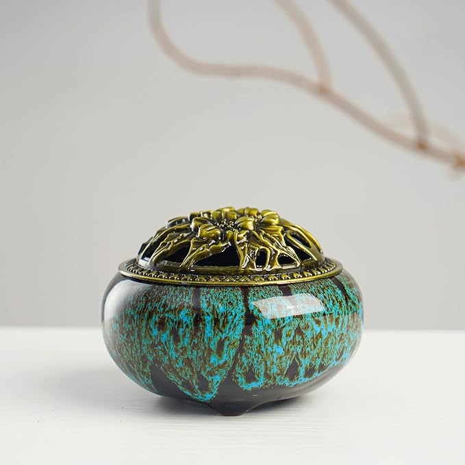 Incense Burner with Calabash Incense Stick Holder - Porcelain Charcoal Censer for Use with Resin Granular Powder Cone or Coil Incense (Kiln-Colored Blue) - Bloomnest