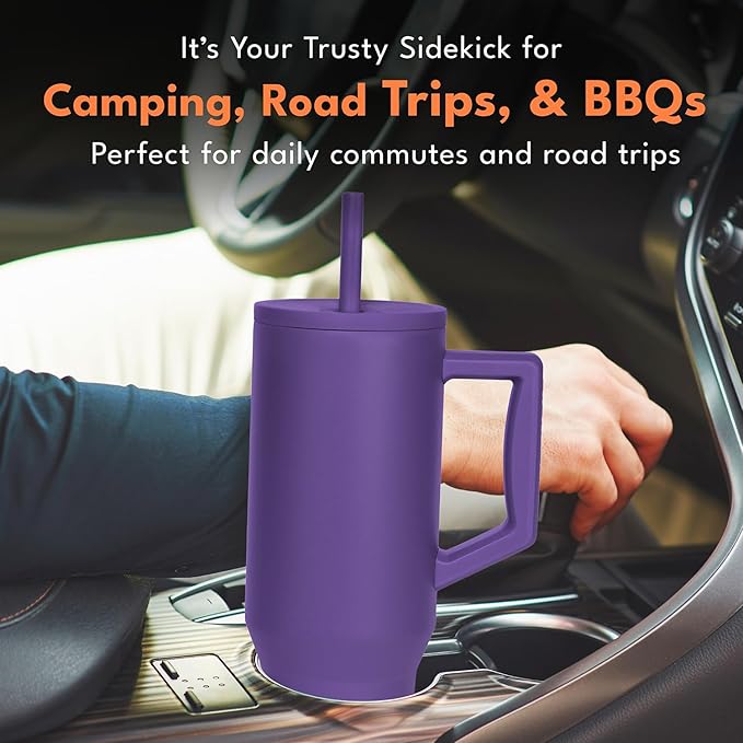 Elemental 40 oz Tumbler with Handle and Straw - Spill Proof Insulated Stainless Steel Commuter for Hot and Cold Beverages - Travel Coffee Mug with 2 Straws & Spill Proof Lid - 40oz - Purple - Bloomnest