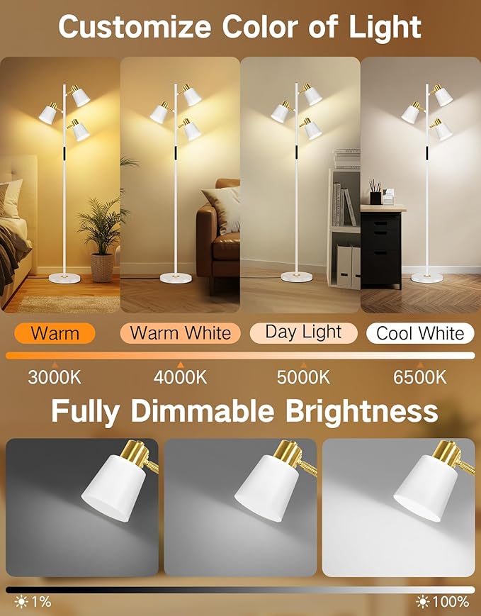 OUTON LED Tree Floor Lamp, Modern Dimmable Standing Lamp with Remote & Touch Control, 4 Color Temperatures, 3 Rotatable Lights Floor Lamps for Living Room, Bedroom, Office, White & Gold - Bloomnest