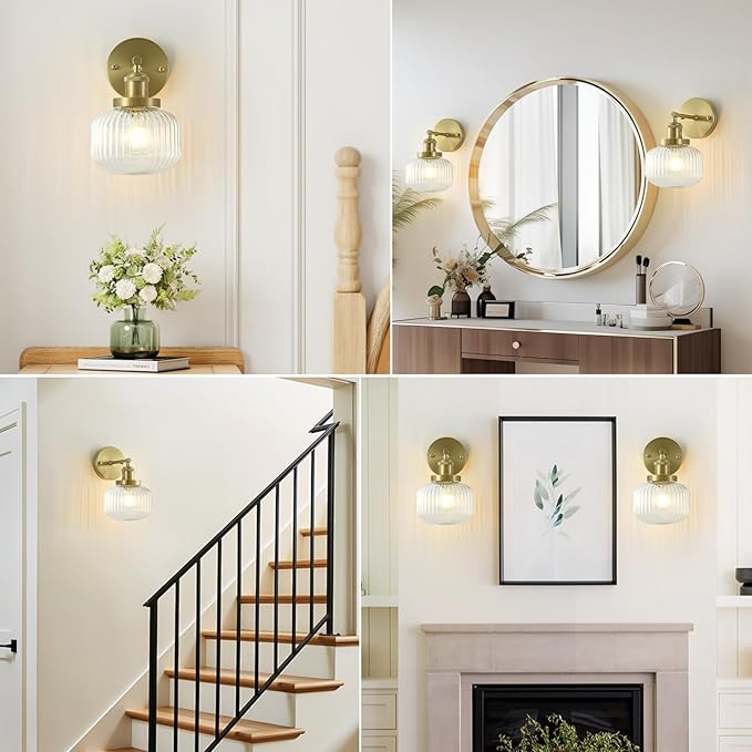 Vintage Wall Sconces with Clear Pumpkin Glass Lampshade, Indoor Bath-Room Wall Sconce, Modern Gold Industrial Lighting Fixture for Mirror Living Room Hallway 1 Pack - Bloomnest