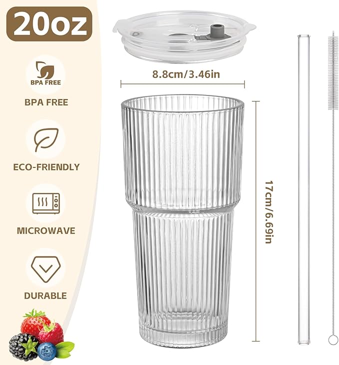 20OZ Glass Tumbler with Straw and Lid,Glass Cups with Lids and Straws,4PCS Ribbed Iced Coffee Cups Vintage Glassware for Juice Whiskey Cocktail Beer
