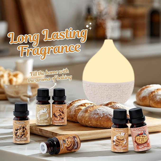 SALKING Bakery Fragrance Oils, Premium Essential Oil for Diffuser, Scented Oil Set for Soap Candle Making - Chocolate Chip Cookies, Apple Pie, Cinnamon Rolls, Vanilla Cake, Snickerdoodle, Sugar Cookie - Bloomnest