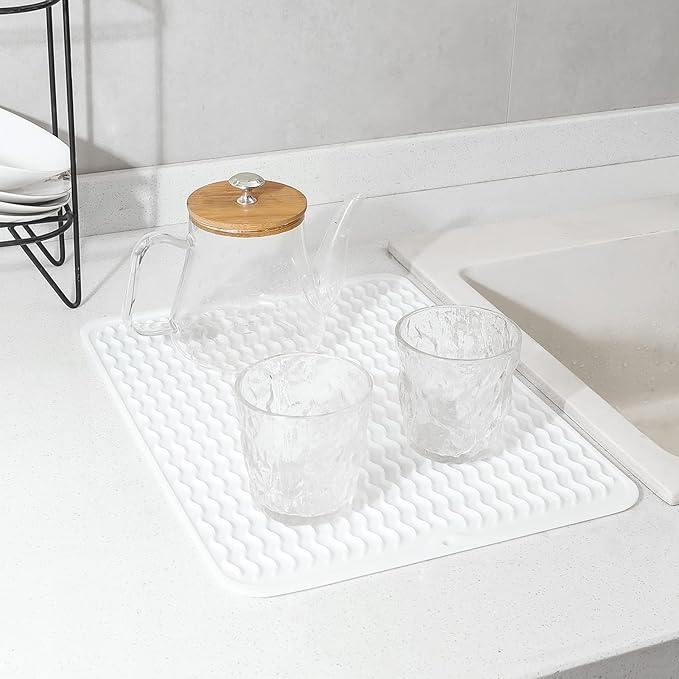 Silicone Dish Drying Mat for Multiple Usage,Easy clean,Eco-friendly,Heat-resistant Silicone Mat for Kitchen Counter or Sink,Refrigerator or drawer liner White L 16 inches x 12 inches - Bloomnest