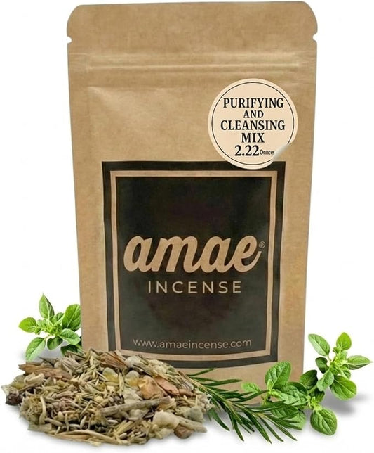 Natural Resin, Herbs & Essence Purify Mix - Blend with Sage, Rosemary, Menthol & Lemongrass - Cleansing Loose Incense for Meditation, Rituals & Home Fragrance - 2.22 oz AmaeIncense