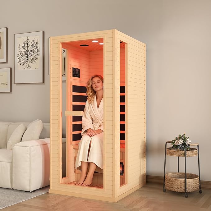 1 Person Infrared Sauna, Full Spectrum Roomy Sauna for Home, Indoor Dry Sauna with Rapid Heating 4 Carbon Panels&1 Carbon Tube, Bluetooth and 7 Color Therapy Lights, 110V BNEHSDirect