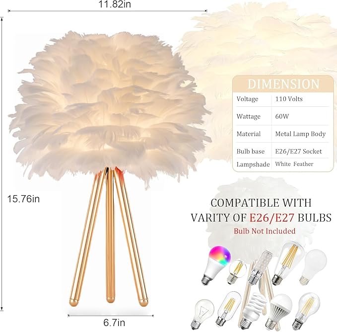 ZYLEIESENBAO White Feather Lamp Furry Table Lamp H16'' Modern Princess Feather Desk Lamp Tripod Fluffy Bedside Nightstand Light for Bedroom Wedding Atmosphere Girl Gift Living Room Retaurant Entryway - Bloomnest
