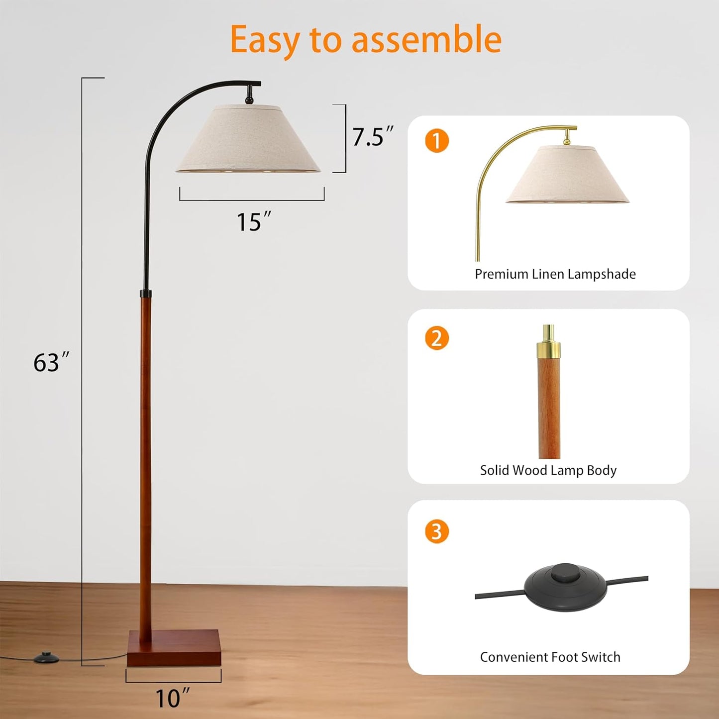 63" Floor Lamp for Living Room with Foot Switch Wood Standing Lamp Tall Lamp Mid Century Modern Arc Floor Lamps for Bedroom Office Industrial Reading