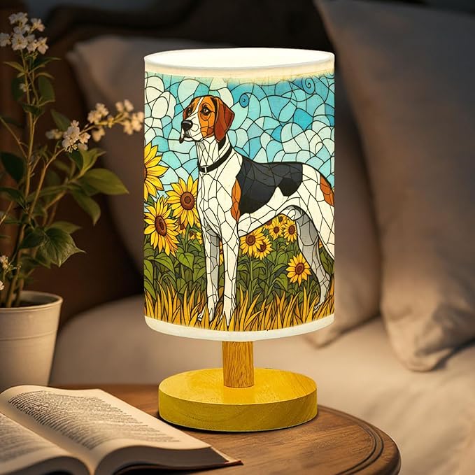 Treeing Walker Coonhound Table Lamp LED 3-Color Pressed Bedside, Dog Shade Lamp with Wood Base for Bedroom Living Room Desk Office - Bloomnest