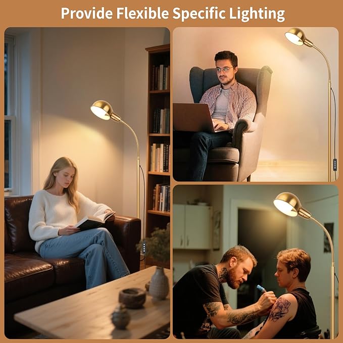 Gold Floor Lamp with Flexible Gooseneck and Rotatable Shade，Standing Lamp Include Dimmer LED Bulb，Ideal Tall Lamp with Dimmer and Timer Switch for Reading,Bedside and Living Room (Gold) - Bloomnest