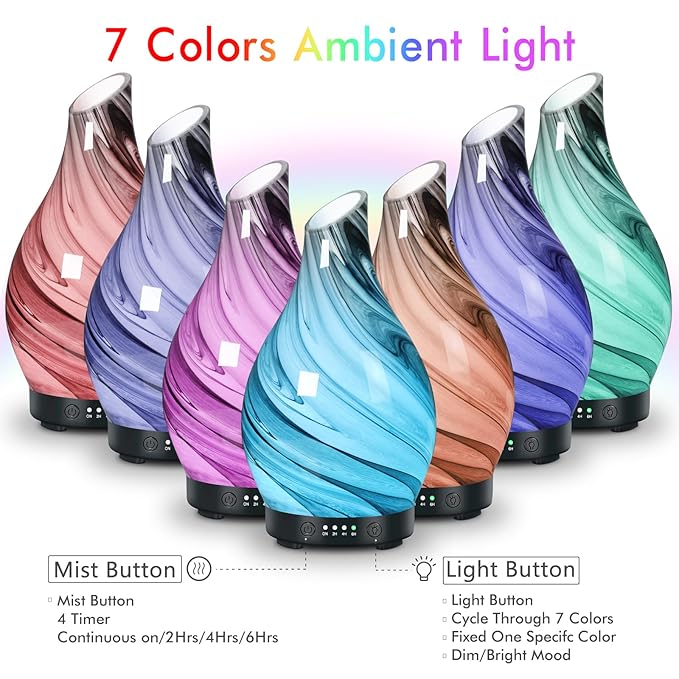 Essential Oil Diffuser Aroma Diffuser- 200 ml Art Glass Ultrasonic Cool Mist Oil Diffuser for Aromatherapy Auto Shut-Off Protection & 7 Colors Changed LED Light for Home Office Decor & Gift (200ml) - Bloomnest
