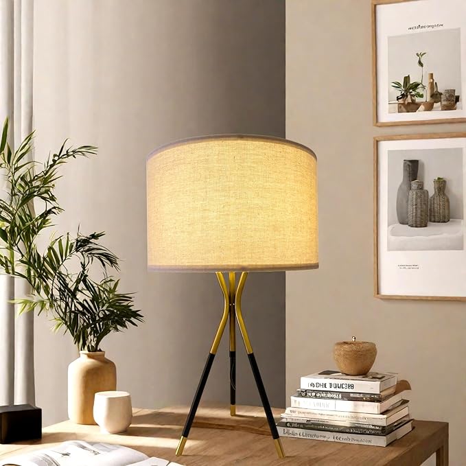 20.8" Modern Metal Tripod Table Lamp Set of 2, Nightstand Lamp with Beige Linen Lampshade, Side Table Lamp for Bedroom Living Room Coffee Table Home Office (Bulb Included) - Bloomnest