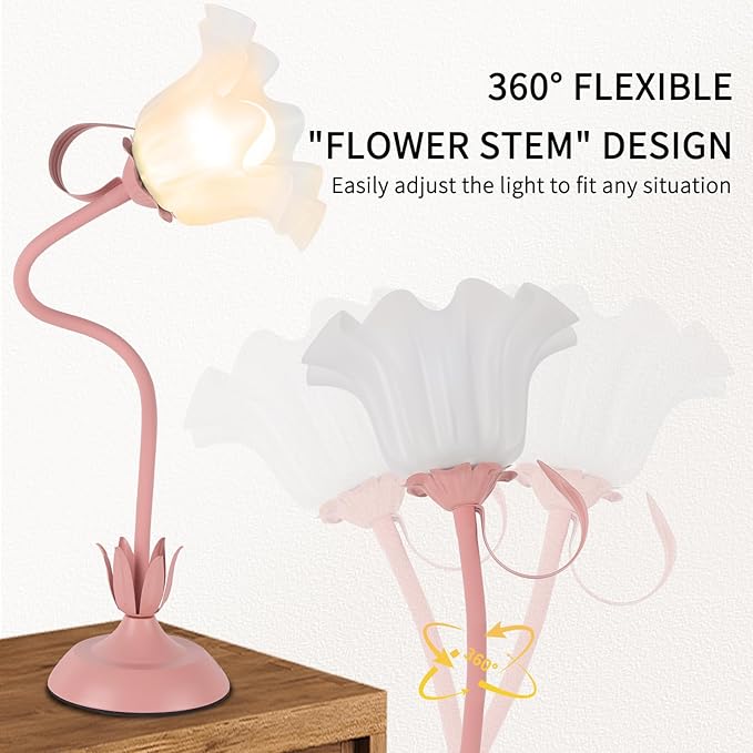 Cute Flower Desk Lamp, 3 Color Temperature Table Lamps with LED Bulb, Vintage Bedside Lamp, Reading Lamps with Soft Light for Bedroom, Living Room（Pink） - Bloomnest