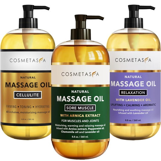 Cosmetasa Massage Oil Set - Arnica & Peppermint Sore Muscle Relief, Cellulite & Lavender Body Massage Oils - Gua Sha Therapy