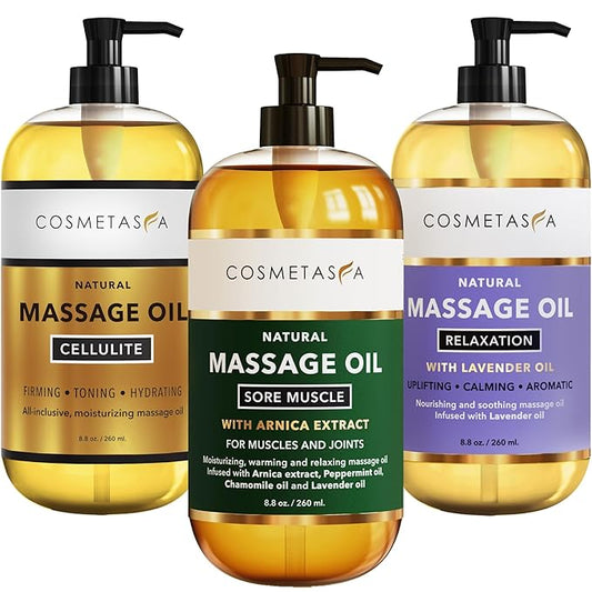 Cosmetasa Massage Oil Set - Arnica & Peppermint Sore Muscle Relief, Cellulite & Lavender Body Massage Oils - Gua Sha Therapy - Bloomnest