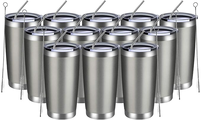 MEWAY 20oz Tumbler 12 Pack Double Wall Vacuum Insulated Travel Mug Bulk, Stainless Steel Tumblers with Lid and Straw, Durable Powder Coated Coffee Cups for Cold & Hot Drinks (Cold Gray, 12) - Bloomnest