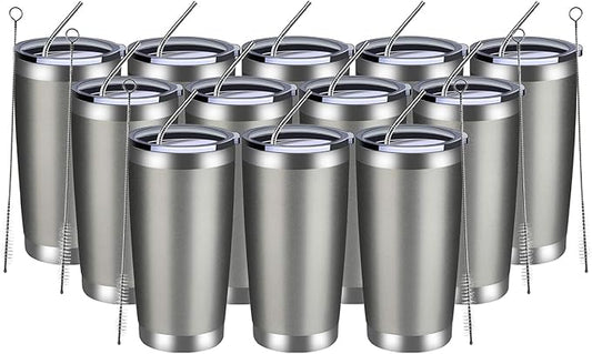 MEWAY 20oz Tumbler 12 Pack Double Wall Vacuum Insulated Travel Mug Bulk, Stainless Steel Tumblers with Lid and Straw, Durable Powder Coated Coffee Cups for Cold & Hot Drinks (Cold Gray, 12) - Bloomnest