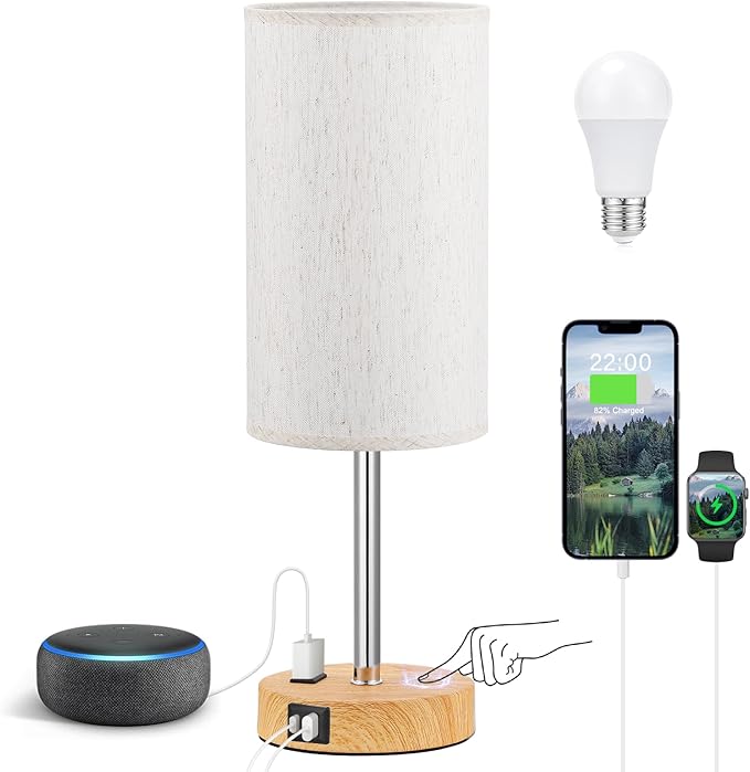 Fenmzee Touch Table Lamp - Cream, 3-Way Dimmable, USB A + C Charging, AC Outlet, 17.4inch Medium, Wood Grain Base - Bloomnest