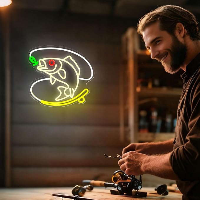 Fishing Neon Sign, Dimmable Fish LED Neon Lights for Wall Decor, USB Powered Fishing Hook Neon Lights for Man Cave, Cabin, Living Room, Fishermen Gifts (14.6 x 13.3 in) - Bloomnest
