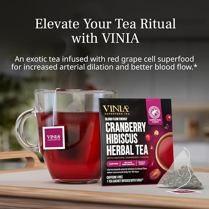 VINIA Cranberry Hibiscus Herbal Tea Bags, Made with Organic Herbal Tea, Infused with Piceid Resveratrol for Heart Health, Nitric Oxide, Physical Energy, Alertness, Blood Flow, Keto, Kosher, NON-GMO. 30 Ct - Bloomnest