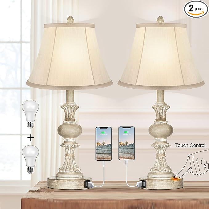 PARTPHONER Touch Control Table Lamp Set of 2, 3-Way Dimmable Bedside Nightstand Lamp with 2 USB Charging Ports, Rustic Farmhouse Desk Lamp with Faux Silk Shade for Living Room, Bedroom - Washed White - Bloomnest