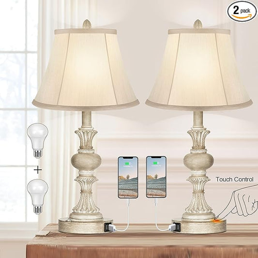 PARTPHONER Touch Control Table Lamp Set of 2, 3-Way Dimmable Bedside Nightstand Lamp with 2 USB Charging Ports, Rustic Farmhouse Desk Lamp with Faux Silk Shade for Living Room, Bedroom - Washed White - Bloomnest