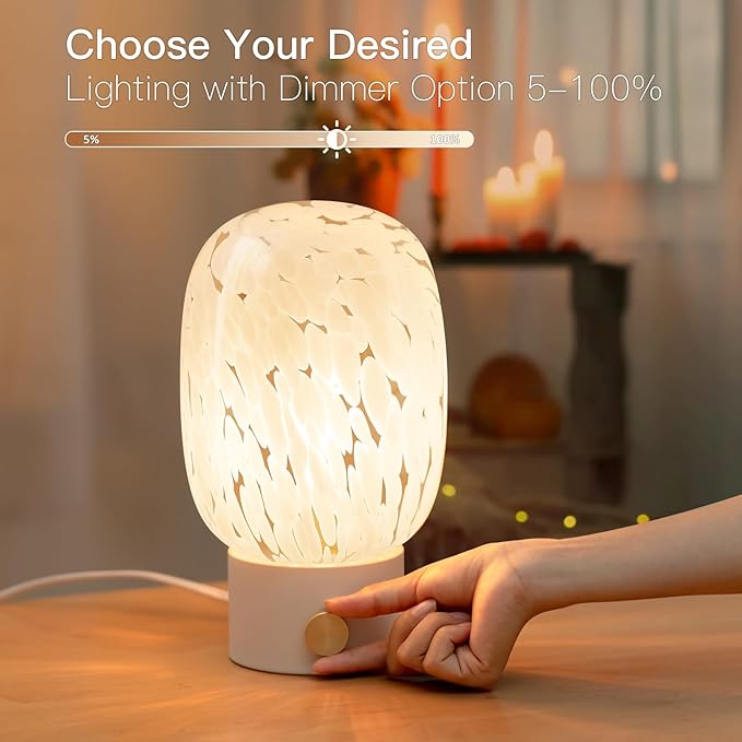 ONEWISH Table Lamp for Bedroom Nightstand,Bedside Lamp Translucent Glass Stepless Dimmable,Vintage Glass Lamp Murano Aesthetic Home Decor with Bulb for Living Room Kitchen Mother's Day - Bloomnest