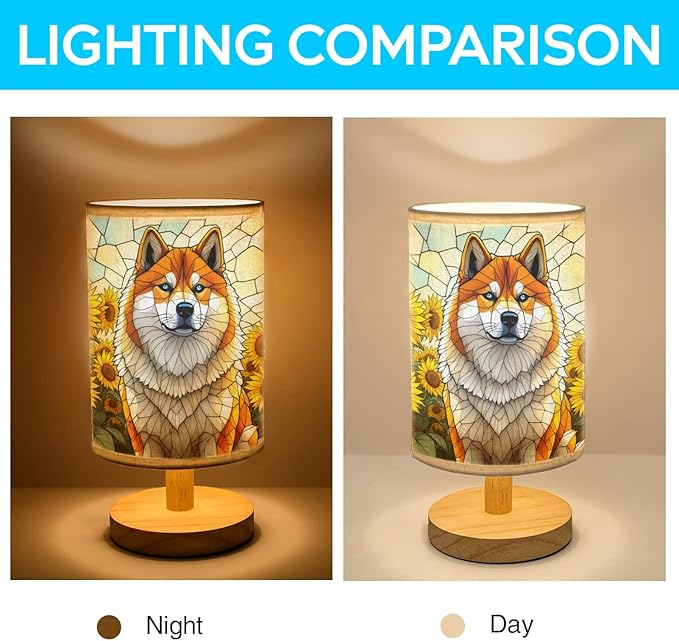 Akita Inu Table Lamp LED 3-Color Pressed Bedside, Dog Shade Lamp with Wood Base for Bedroom Living Room Desk Office - Bloomnest