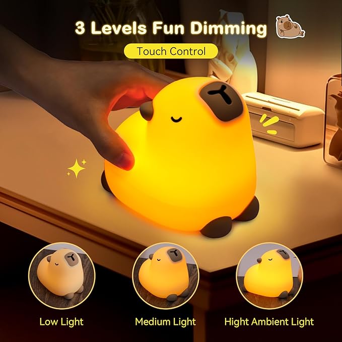Cute Capybara Night Light for Kids, 3-Level Dimmable Nursery Nightlight, Silicone Squishy Light Up Gifts, Rechargeable Bedside Touch Lamp for Breastfeeding Toddler Baby Kids Decor - Bloomnest