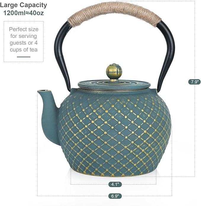 Ufine Japanese Style Cast Iron Teapot for Stove Top with Stainless Steel Infuser Loose Leaf Tetsubin Grid Design Blue Tea Kettle 40oz/1200ml - Bloomnest
