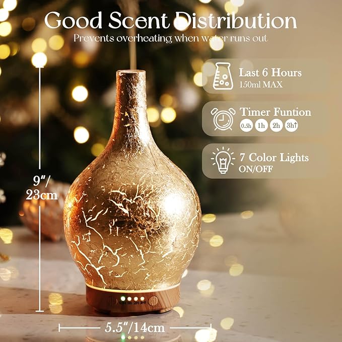 Porseme Gold Plated Essential Oil Diffuser Glass Aromatherapy Ultrasonic Humidifier, Auto Shut-Off,Timer Setting, BPA Free,Aroma Decoration for Home,Office,Gym,Spa,Premium Gift 150ml Porseme