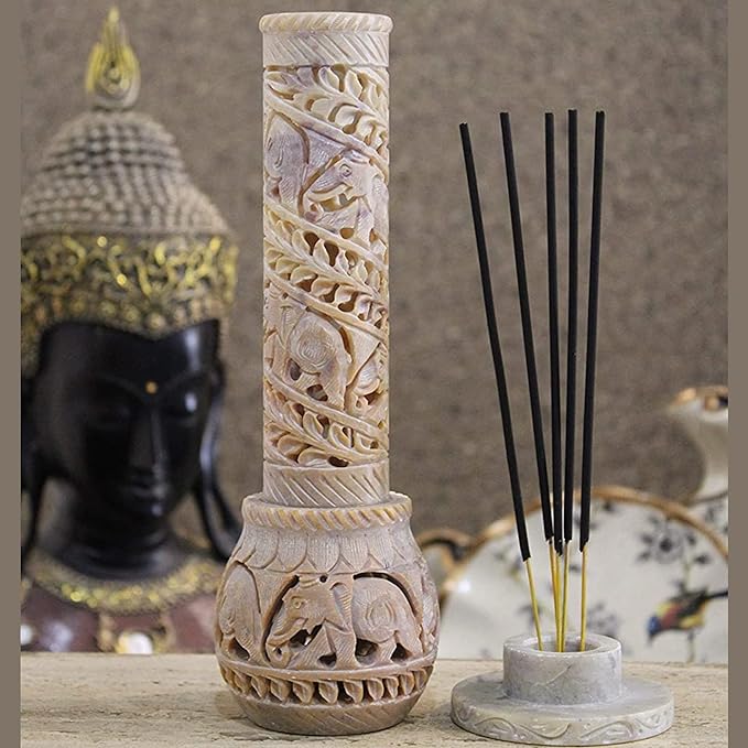 Carry Me Hand Carved Soapstone Incense Stick Holder | Candle Burner | Tea Light Stand. Elephant Jaali Carving Bottle Shape. Decorative Home and Kitchen Decor - (3x3x10.5 Inches) - Bloomnest