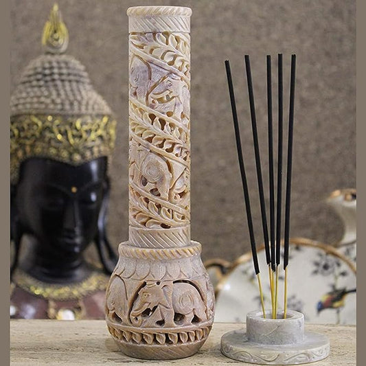 Carry Me Hand Carved Soapstone Incense Stick Holder | Candle Burner | Tea Light Stand. Elephant Jaali Carving Bottle Shape. Decorative Home and Kitchen Decor - (3x3x10.5 Inches) - Bloomnest