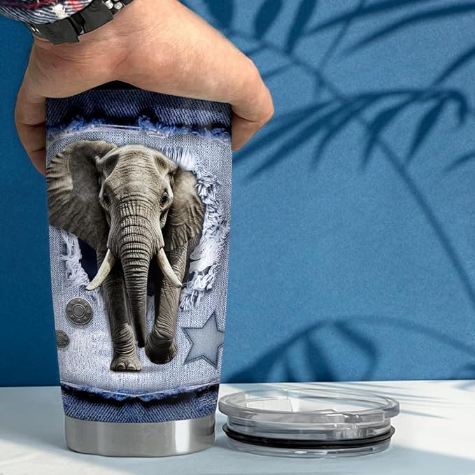 SANDJEST Elephant Tumbler 20oz Stainless Steel Insulated Tumblers Coffee Travel Mug Cup Jeans Drawing Style Elephants Gifts for Women Men Gift for Birthday Christmas - Bloomnest