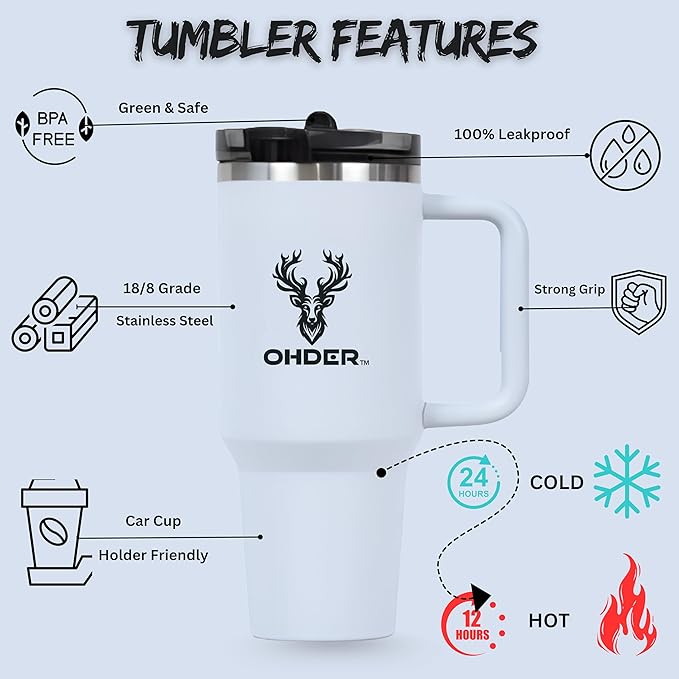40 oz Tumbler with Handle and Straw | Vacuum Insulated Double Wall Stainless Steel Travel Mug | Leakproof, Hot and Cold | Cup Holder Friendly Base (Grey) - Bloomnest