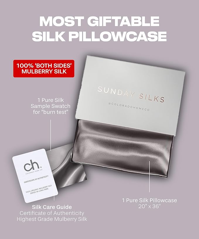 SUNDAYSILKS™ | Silk Pillow Cases | 100% Pure Silk Pillowcase | All Sides 22 Momme Premium Grade 6A Real Silk Pillowcase for Hair & Skin King, Queen Mulberry Silk Pillow Case, Zipper [Charcoal Essence] - Bloomnest