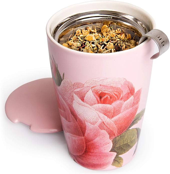 Tea Forte Double-Walled Ceramic Kati Cup, Removable Stainless Steel Infuser Basket and Lid, Steeps 12 oz Loose Leaf Tea, Dishwasher & Microwave Safe, Jardin - Bloomnest