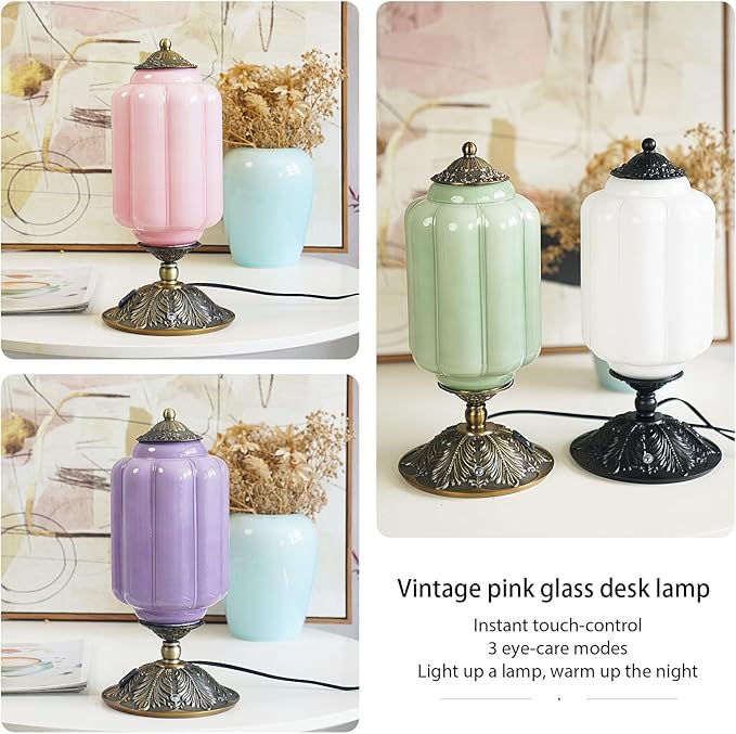 Vintage Purple Glass Touch Table Lamp, Elegant MilK Glass Bedside Desk Lamp 3 Way Dimmable with USB C+A Charging Ports - Bedroom Nightstand & Living Room Essential, 4W Bulb Included (Purple, 6.5) - Bloomnest