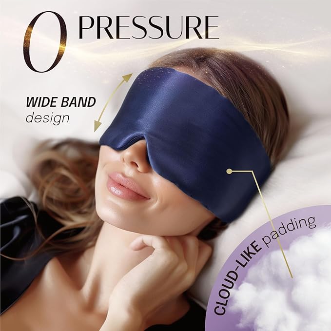 Silk Sleep Mask Soft Pressureless: 100% Mulberry Silk for Eye Skin Anti Wrinkles, Large Size for Total Blackout, Adjustable Wide Velcro Ear Cover