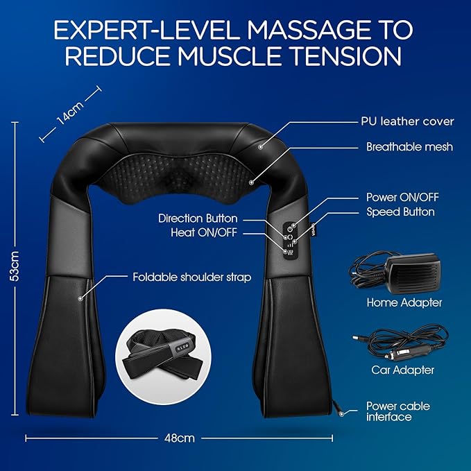 VOYOR-HEALTH Shiatsu Neck and Back Massager with Heat, Electric Deep Tissue 4D Kneading Massage for Shoulder, Back, Neck and Full Body Muscle Pain Relief, Home, Car, Office Use PJ100, Black