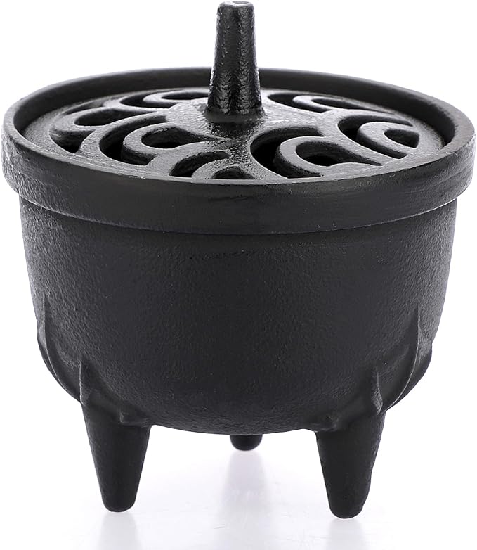 JUXYES Vintage Tripod Incense Burner Holder with Lid, Cast Iron Incense Holder Metal Cauldron Censer Antique Cone Coil Incense Burner Holder for Incense Resins, Cones, Charcoal or Wax Melts - Bloomnest