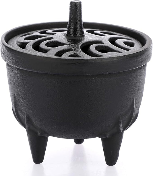 JUXYES Vintage Tripod Incense Burner Holder with Lid, Cast Iron Incense Holder Metal Cauldron Censer Antique Cone Coil Incense Burner Holder for Incense Resins, Cones, Charcoal or Wax Melts - Bloomnest