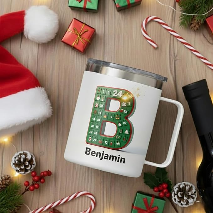 Personalized Christmas Advent Calendar Mug with Custom Name & Initial - 14oz Insulated Stainless Steel Tumbler with Handle & Lid - Unique Holiday Countdown Gift for Women, Men, Family (B62) - Bloomnest