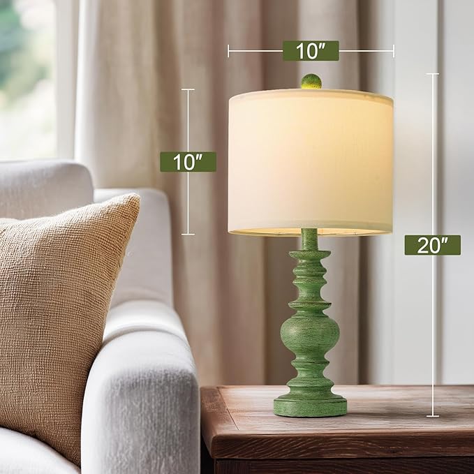 BOBOMOMO 20" Sage Green Table Lamps Set of 2 – Farmhouse Resin Bedside Lamps with Linen Shades, Handcrafted Traditional Rustic Lamp for Bedroom, Living Room, or Corner – Ideal for Small Spaces - Bloomnest