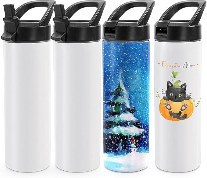 4 Pack Sublimation Water Bottle Blanks, 20 Oz Sublimation Tumblers with Handle Straw Lid, Insulated Stainless Steel Sports Skinny Straight Blank Tumbler Cup for Heat Press Sublimations Print - Bloomnest