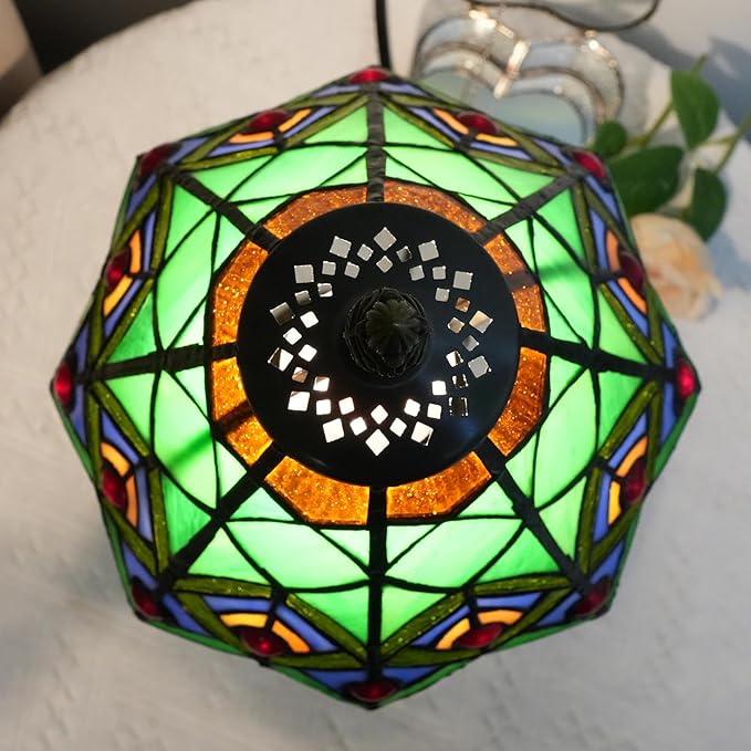 8 Inch Tiffany Style Stained Glass Table Lamp, Peacock Feather Pattern Retro Style Design, Suitable for Bedroom Bedside Lamp Office Study and Other Home Art Decoration (Green) - Bloomnest