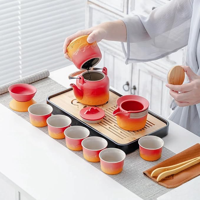ICHAG Chinese Tea Set, Japanese Tea Sets for Adults, 15-Piece Porcelain Gongfu Tea Set with Tea Pet & Tea Tray, Japanese Teapot Set, Travel Tea Party Set, for Home/Office/Outdoor/Gifts (Red) - Bloomnest