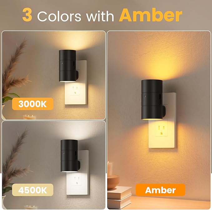 VOLISUN Night Light, Dimmable Led Night Lights Plug into Wall, Amber/3000K/4500K, 0-100LM Adjustable Brightness, Dusk to Dawn Nightlight for Hallway, Bathroom, Bedroom Black 4 Pack - Bloomnest