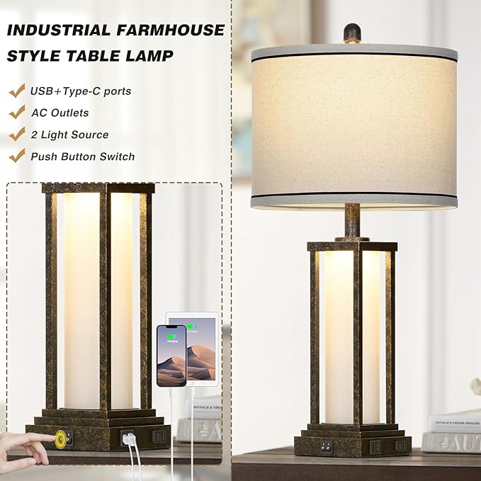 27" Tall Vintage Table Lamp with USB C+A & Outlet,Bronze Industrial End Table Lamp for Living Room,Farmhouse Rustic Bedside Lamp with Frosted Glass Night Light for Bedroom Nightstand,Bronze-1P - Bloomnest